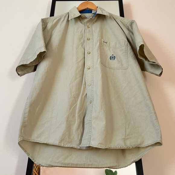 Vintage 90s Bugle Boy khaki cream tan button down short sleeve shirt earth tones - Picture 5 of 11